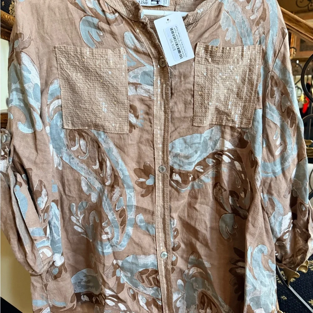 100% Lino NWT Button Breeze Top Brown Sugar One Size fits- XL 100% linen. - Picture 3 of 11